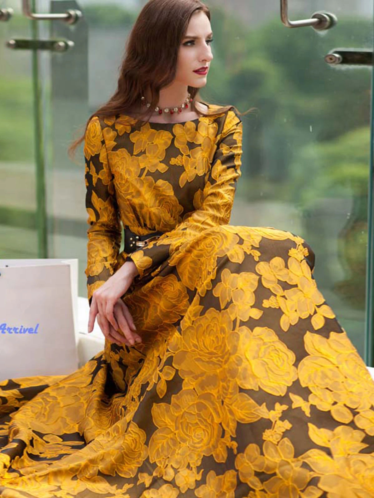 Maxy Elegant Women Floral Long Dress Jacquard Evening Party Boho Fall Winter Vintage Dress Ladies A-Line Robe