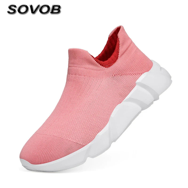 Maxy New Pink Women's Casual Sneakers Large Size 36-42 Comfort Breathable Socks Shoes For Women Slip-On Platform Loafer Shoes Womens