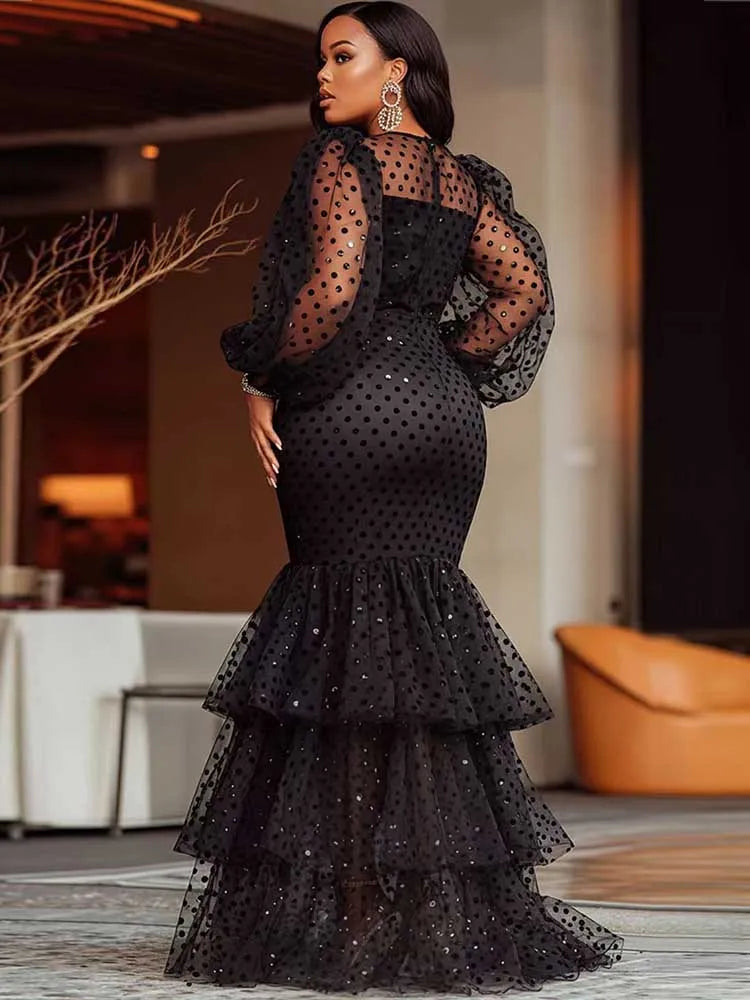 Maxy Sexy Dresses Woman Flocking Stacked Rushed Maxy Mermaid Dress Dot Mesh Puff Sleeve Long Black Party Dress Plus Size Chubby Dress