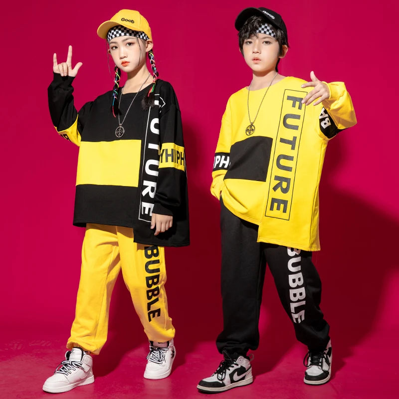 Maxy Kids Kpop Hip Hop Dancing Clothing 2 Tone Sweatshirt Top Streetwear Sweat Pants For Girl Boy Show Jazz Dance Costumes Clothes