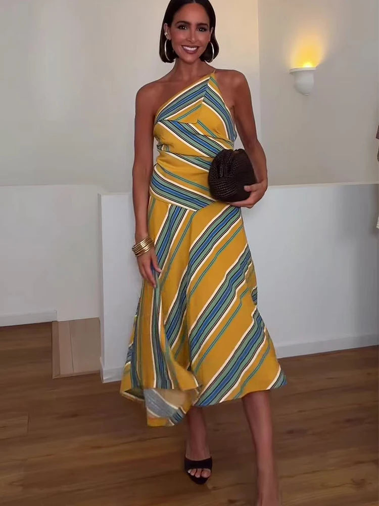 Maxy Women Asymmetrical Strap Dress Sexy Backless Sleeveless Striped Robes 2026 New Lady Elegant Slim Evening Party Long Dress