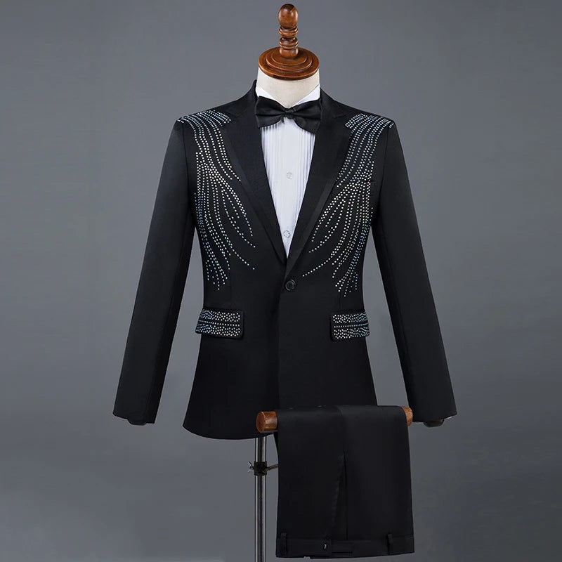 Amay Royal Blue Sequin Embroidery Suit Men Wedding Groom Tuxedo Suits Pants Mens One Button Peak Lapel Stage Costume Traje Hombre 2XL