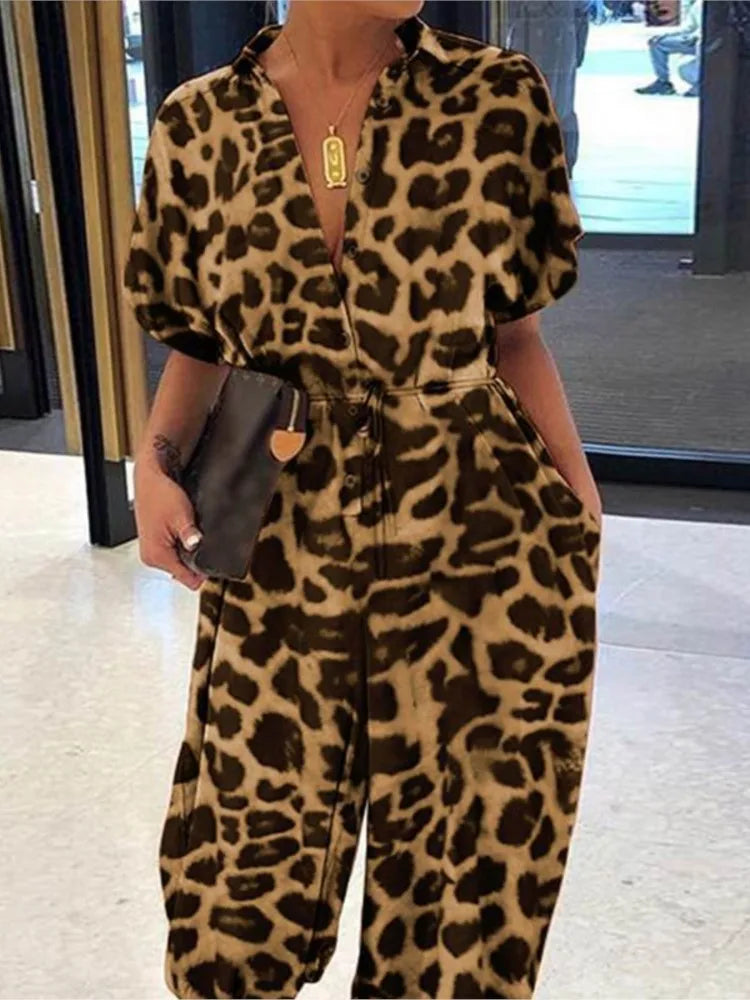 Amay Summer Fashion V-Neck Button Lace-Up Jumpsuit Short Sleeve Loose Playsuit Overalls Women Elegant Leopard Print Pocket Rompers