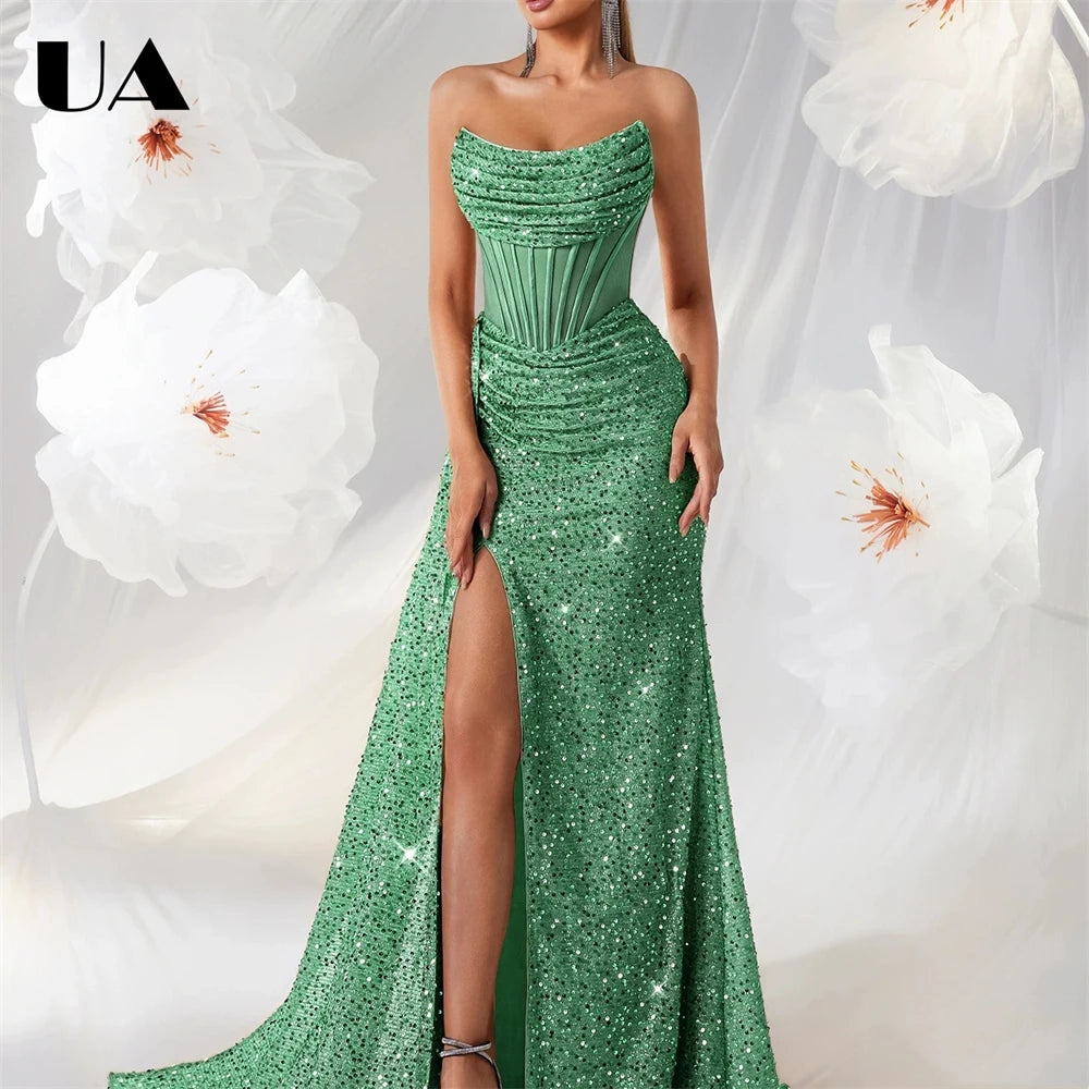 Maxy Women's Sequin Strapless Prom Dress Ruched Bodice High Slit Mermaid Gown Formal Evening Wedding Guest Ball Gown Sparkly Party