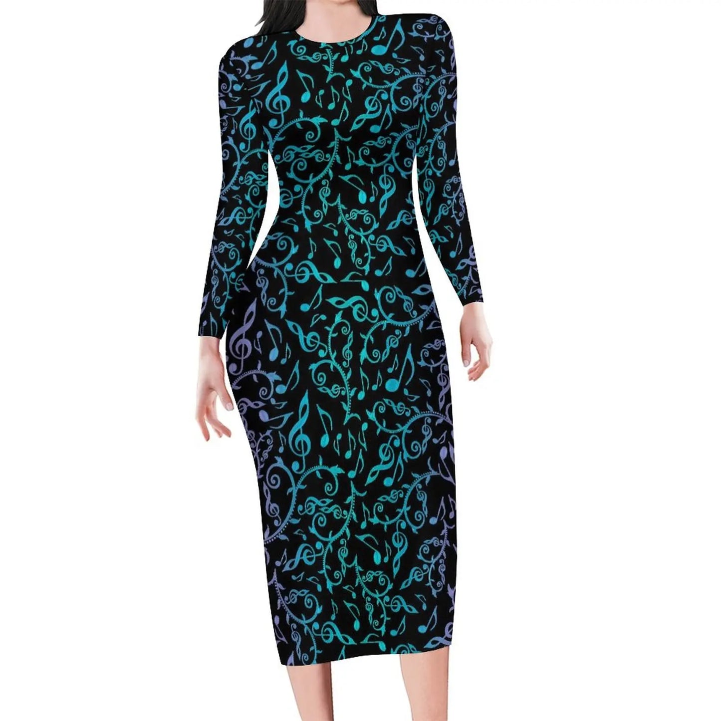 Amay Rainbow Music Notes Dress Long Sleeve Retro Print Kawaii Dresses Autumn Ladies Aesthetic Custom Bodycon Dress 3XL 4XL 5XL