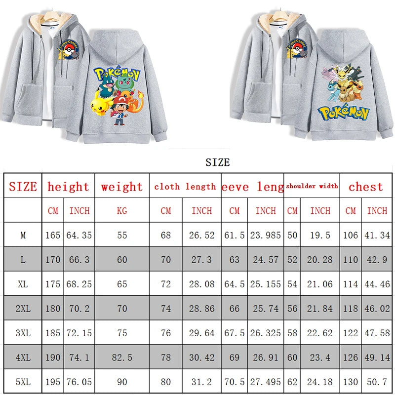 Maxy Pokémon Lamb Wool Coat for Men Women Pikachu Anime Cartoon Fashion Zipper Hooded Jacket Boys Girls Winter Warm Hip Hop Coats