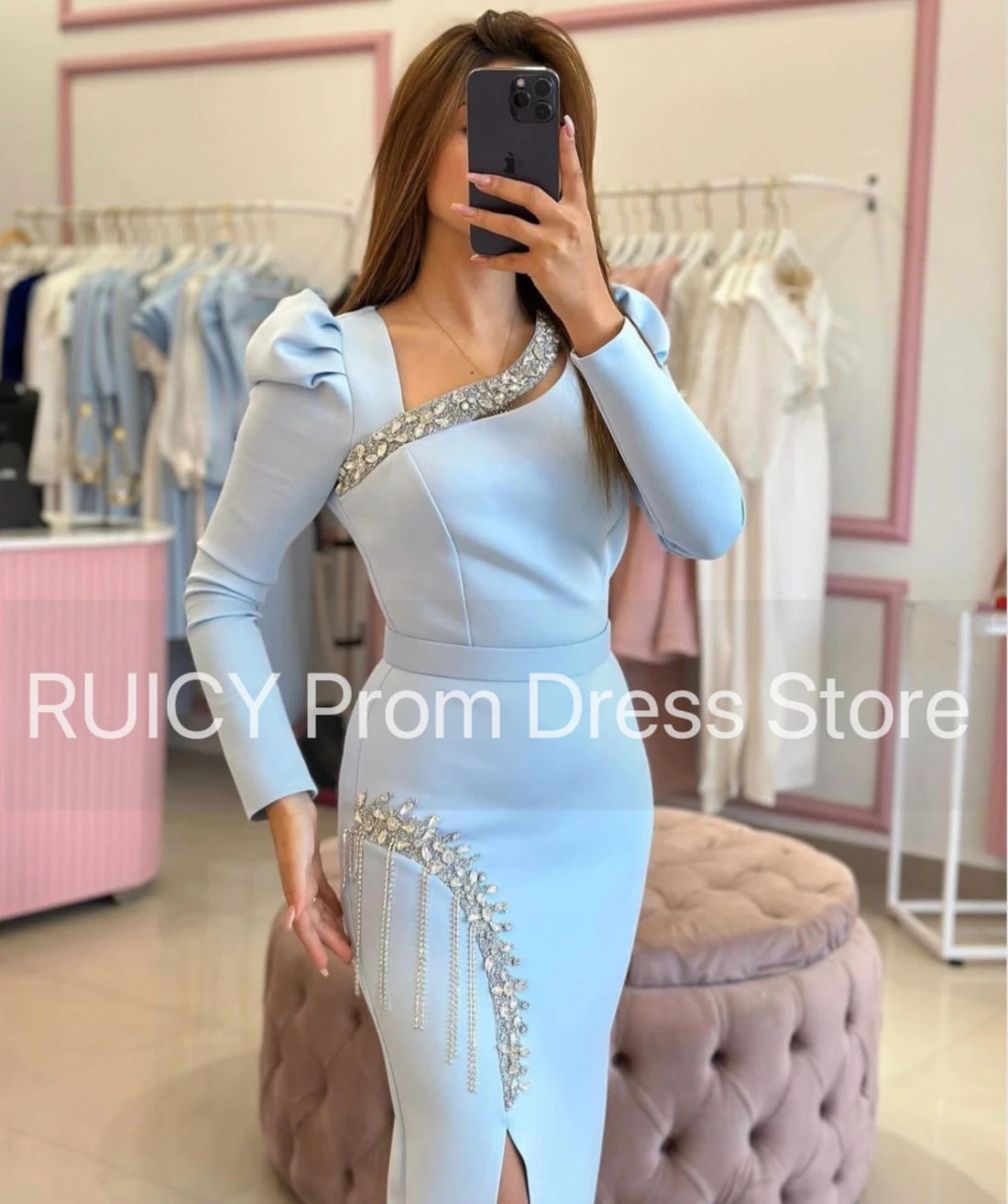 2025 Baby Blue Prom Dresses Long Sleeve Mermaid Crystal Slit Elegant Wedding Guest Party Dress gala Turkey Women Birthday Gown