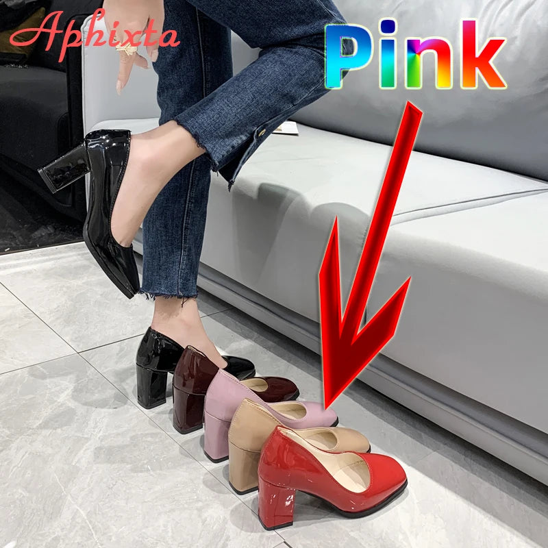 Amay Apheta 7.5cm Square Tou Patent Leather Shoes Women Pumps Thick Heels Sapato Feminino Work Party Shoes Super Big Plus Size 50
