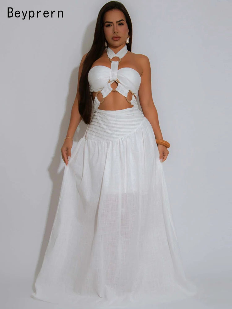 Maxy Beyerene Elegant Gold Ring Bandeau Long Skirt Two-Piece Set Women Beautiful Cut-Out Ruched Maxy Skirt Set White Vacation Outfits
