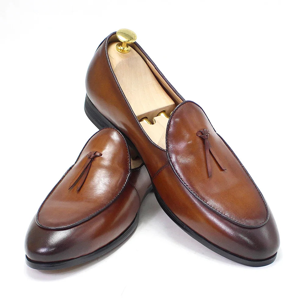 Amay Classic Italian Style Mens Tassel Loafers Genuine Calf Leather Dress Shoes Men Original Casual Business Wedding Formal Shoes