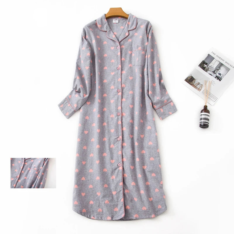 Maxy Ladies 100% Cotton Nightgown Plus Size Nightdress Long-sleeved Flannel Plaid Print Women Sleepwear Nightshirt Button UP Nightie