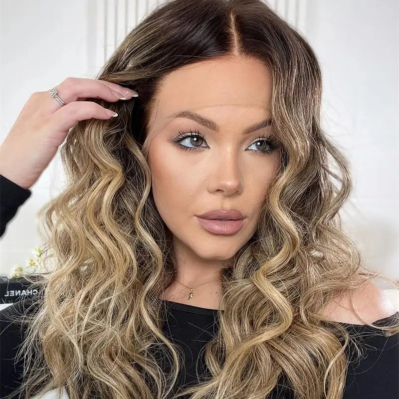 Maxy Synthetic HD Lace Front Wigs Glueless Curly Ombre Blonde Brown Colored Highlights Lace Front Wigs For Women Preplucked Hairline