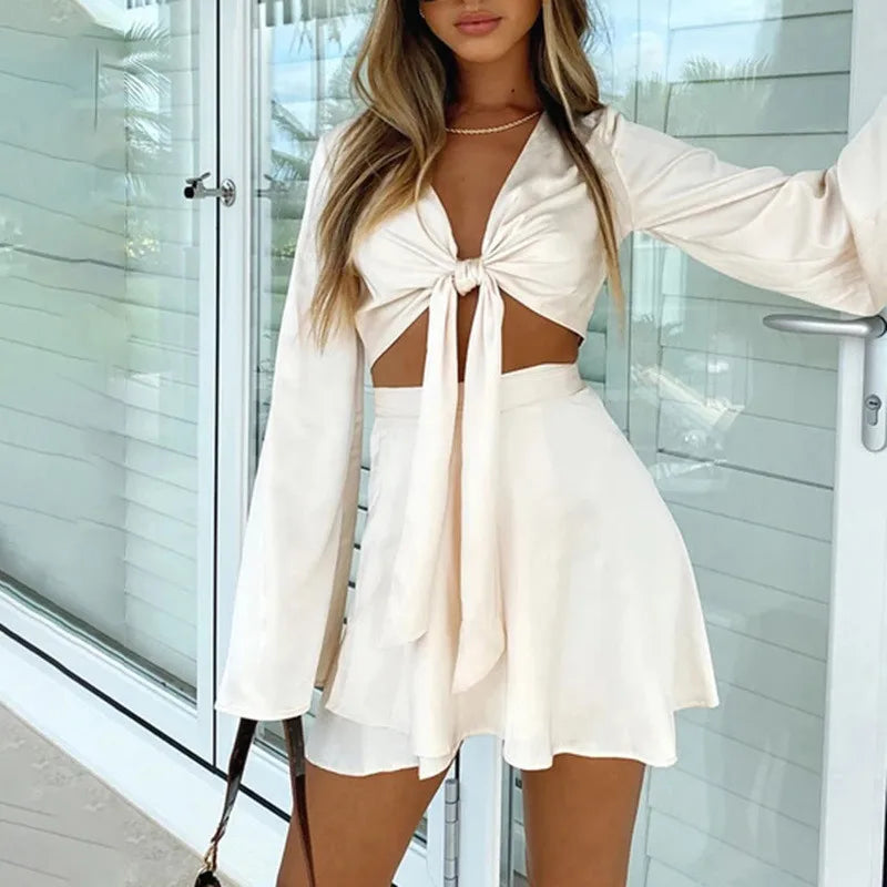 Maxy Sexy Y2k Two Piece Set Women Autumn White Lantern Long Sleeve Crop Cardigan Tops Elegant  Suits Lace Up Wrap Sexy Mini Skirts
