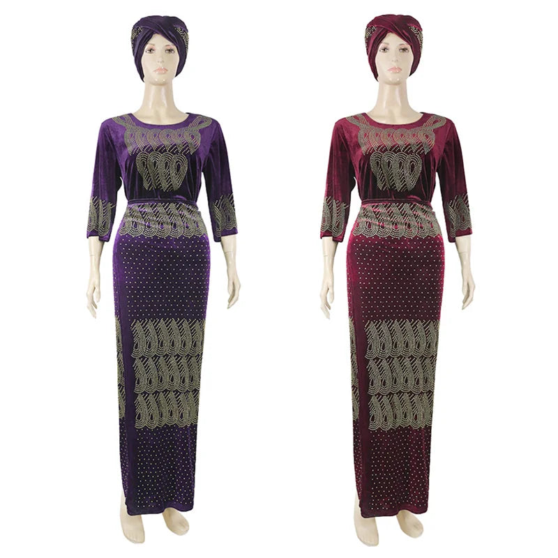 Maxy Plus Size Velvet Dress African Clothes for Women 3 Pieces Set Top Skirt with Head tie Ladies Long Party Dresses Robe