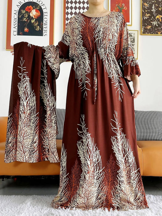 Maxy New Women Long Sleeve Dashiki Dress African Woman Print Turban Kaftan Abaya Ramadan Eid Muslim Hijab Dresses Femme Arabia dress