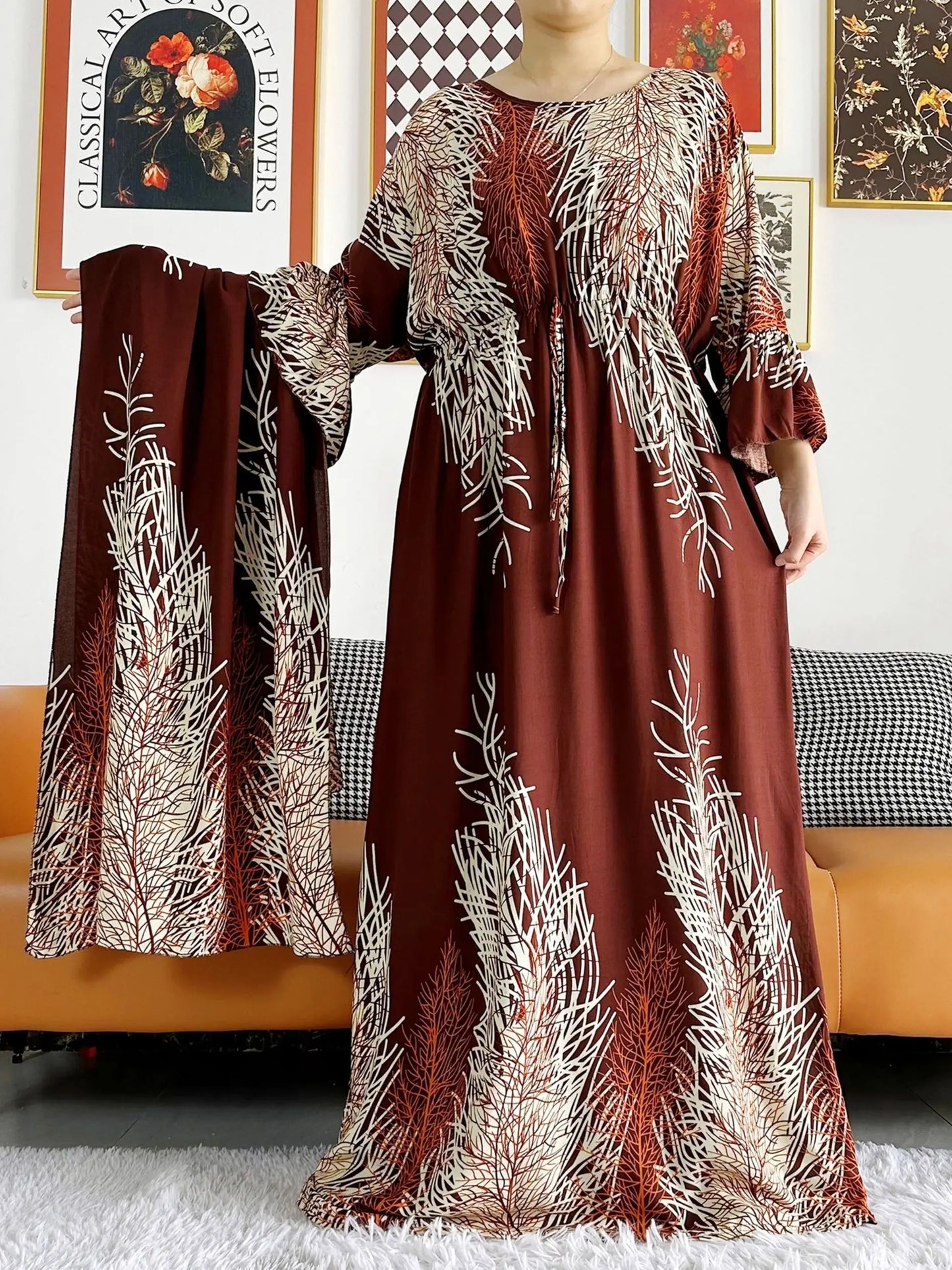 Maxy New Women Long Sleeve Dashiki Dress African Woman Print Turban Kaftan Abaya Ramadan Eid Muslim Hijab Dresses Femme Arabia dress