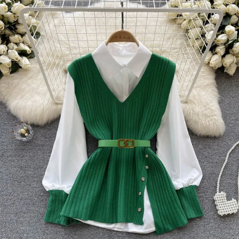 Maxy Knitted Vest Women's Two-piece Autumn Outfit New Solid All-match Youth Elegant Vest Two-piece Set Temperament Elegant Clothing