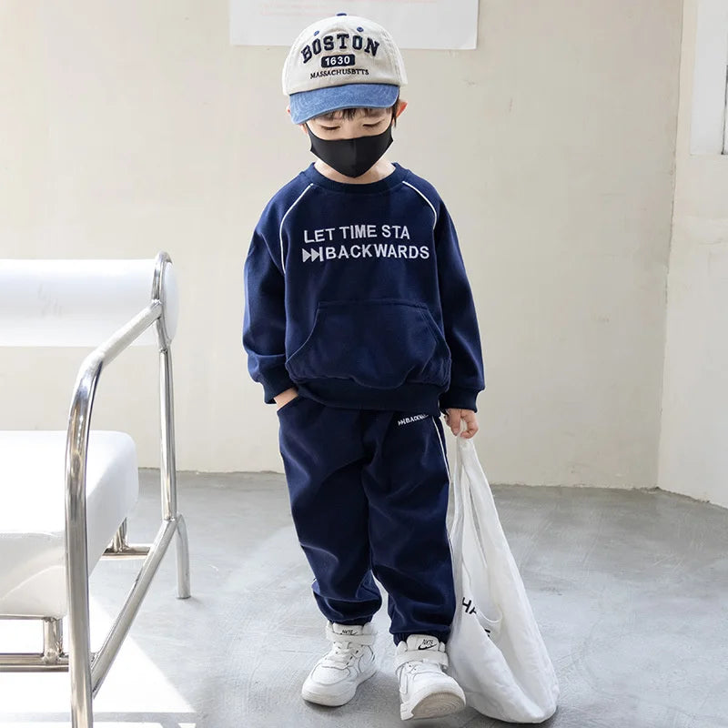 Maxy Boys Sweatshirts +Pants Kids Suits Tracksuit 2PCS/Set 2024 Navy Blue Spring Autumn Cotton Outfits Sport Teenagers Children Cloth