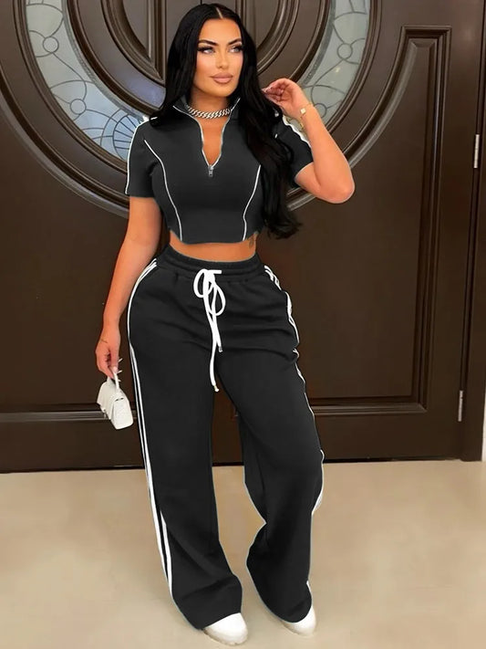 Maxy Fashion Casual Short Hoodie 2 Piece Women Summer Zipper Top Short Sleeved Sports T Shirt Stripe Splicing Long Pants Female Suit