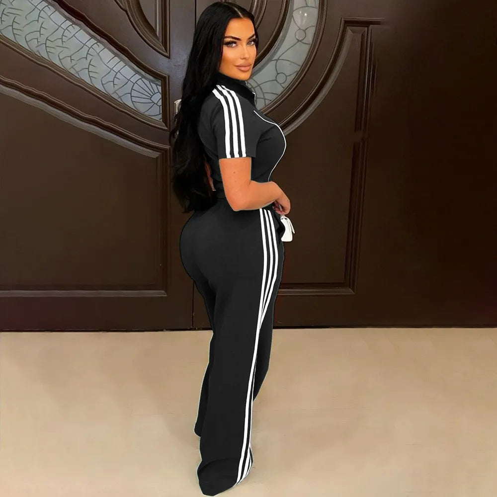 Maxy Fashion Casual Short Hoodie 2 Piece Women Summer Zipper Top Short Sleeved Sports T Shirt Stripe Splicing Long Pants Female Suit