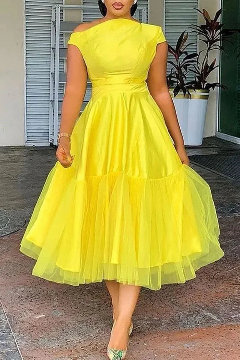 Maxy Plus Size Elegant A-line Tulle Midi Dress for Women Off The Shoulder Party Club Wedding Guest Prom Dresses Midwaist Dress
