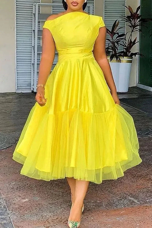 Maxy Plus Size Elegant A-line Tulle Midi Dress for Women Off The Shoulder Party Club Wedding Guest Prom Dresses Midwaist Dress