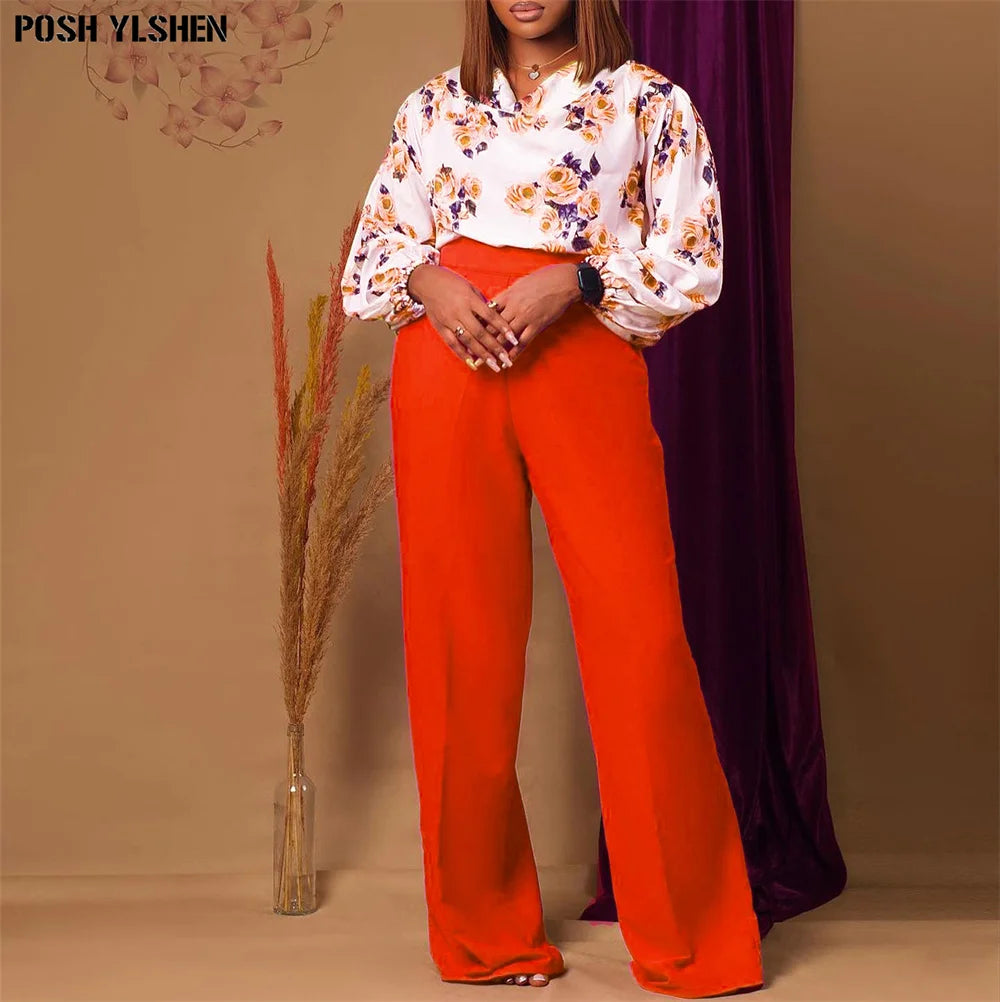 Maxy Two Piece Set Women Tracksuit Summer Fall Clothes African Dresses for Women Casual Party Print Tops Wide Leg Pants Suits Outfits