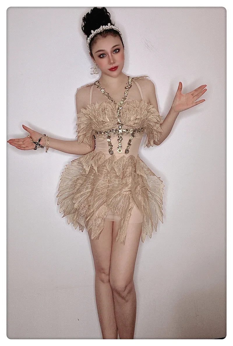 Amay Women's Golden Shiny Crystal Cicada Wings Dress for Birthday Party Stage Performance Carnival Unique Costume Design