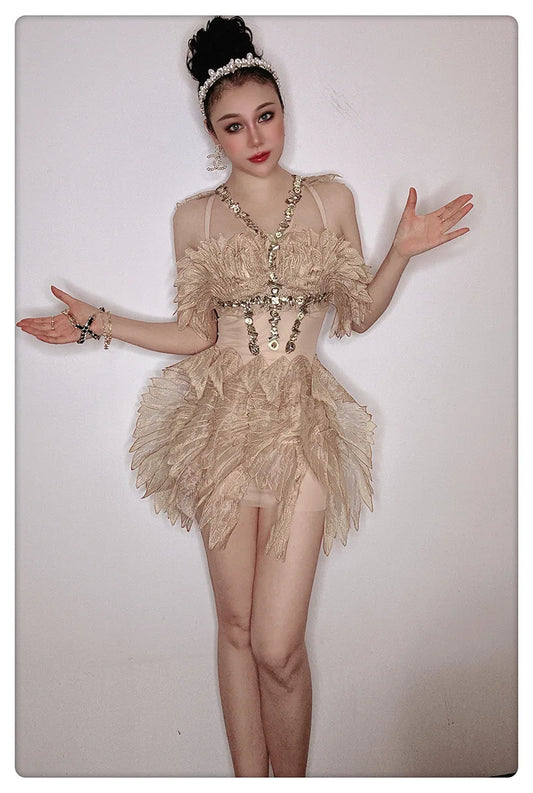 Amay Women's Golden Shiny Crystal Cicada Wings Dress for Birthday Party Stage Performance Carnival Unique Costume Design