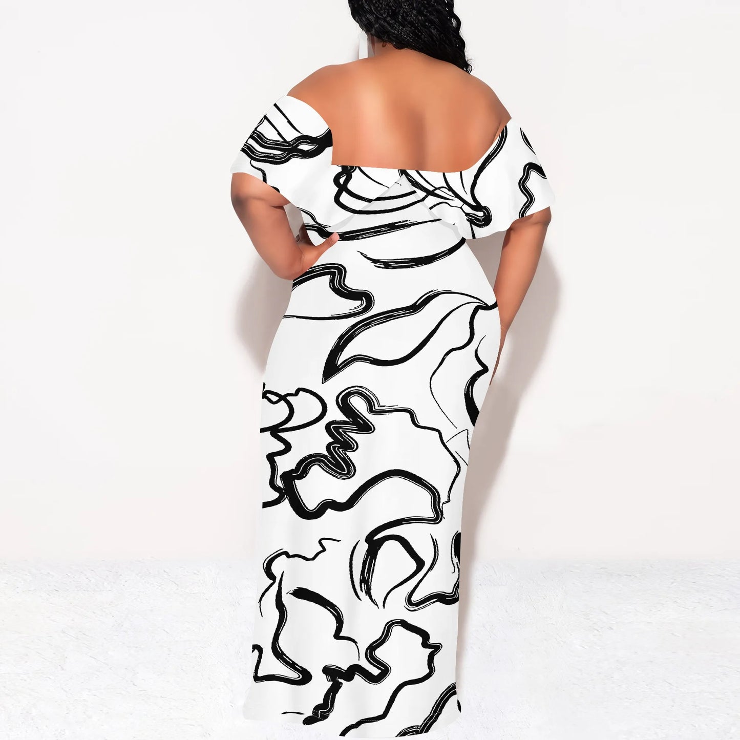 Maxy Black White Sketch Art Print Plus Size Off Shoulder Dress Summer Casual