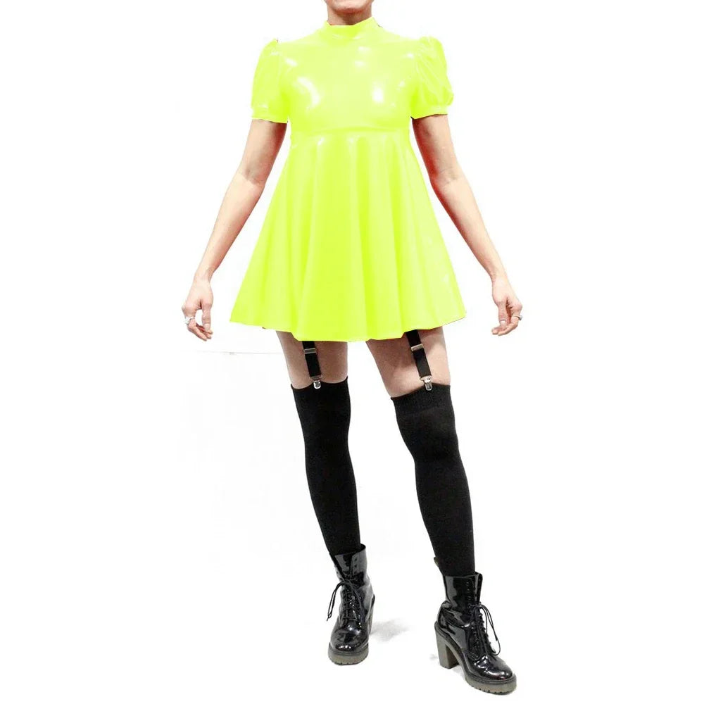 Maxy Plus Size Latex-look Mini Dresses Fashion Mock Neck Pleated A-Line Sissy Dress Rave Party Swing Short Dresses Male PVC Vestidos