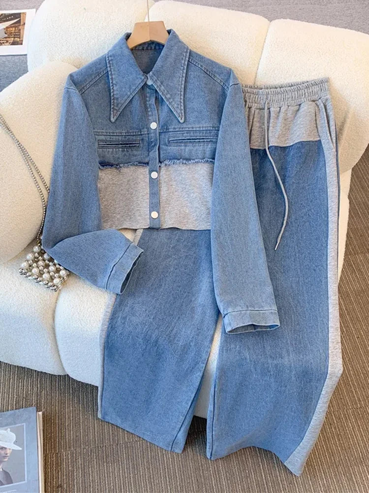 Maxy 2024 Vintage Women Patchwork Denim Jacket Pant Sets Long Sleeve Cropped Coat+High Waist Wide Leg Pants Streetwear Suit