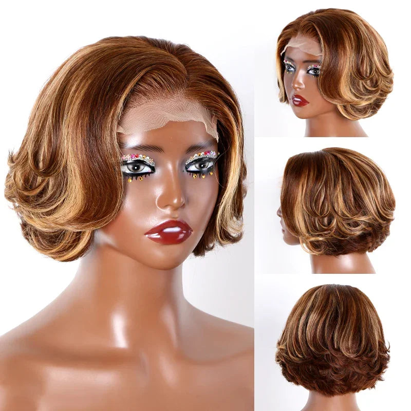 Maxy Brazilian 4/27 Highlight 4x4 Body Wave Glueless Closure Human Hair Wigs Ombre Brown Mix Blonde Water Wave C Part Short Bob Wig