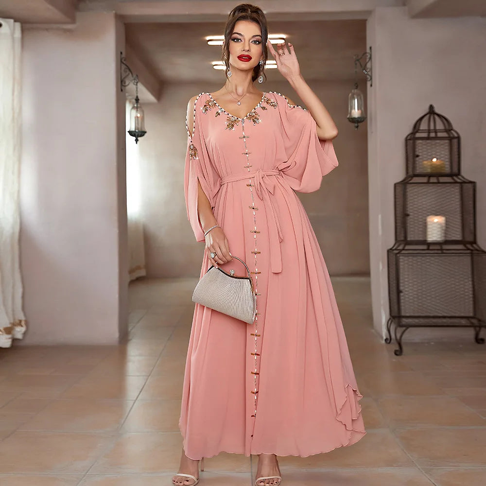 Maxy Eid Mubarak Pink Kaftan Dubai Abaya Turkey Islam Muslim Fashion Long Modest Dress Abayas For Women Robe Femme Musulmane