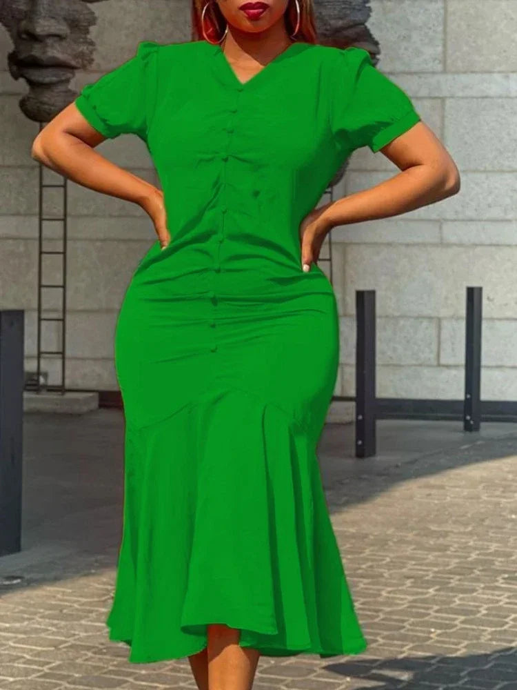 Amay Summer Elegant African Women V-neck Polyester Green Black Red Short Sleeve Dress S-3XL African Dresses for Women