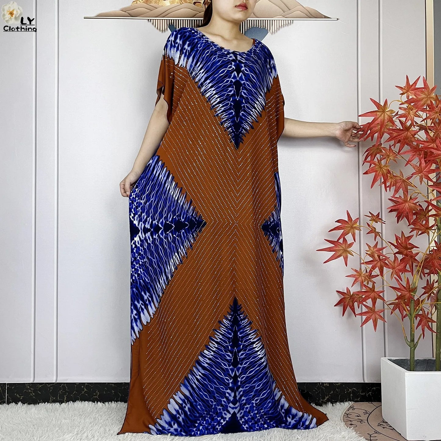 Maxy New Muslim Women Dashiki Printed Dress Flower Diamonds Loose Dress With Big Scarf Islamic African Women Short Sleeve Abaya