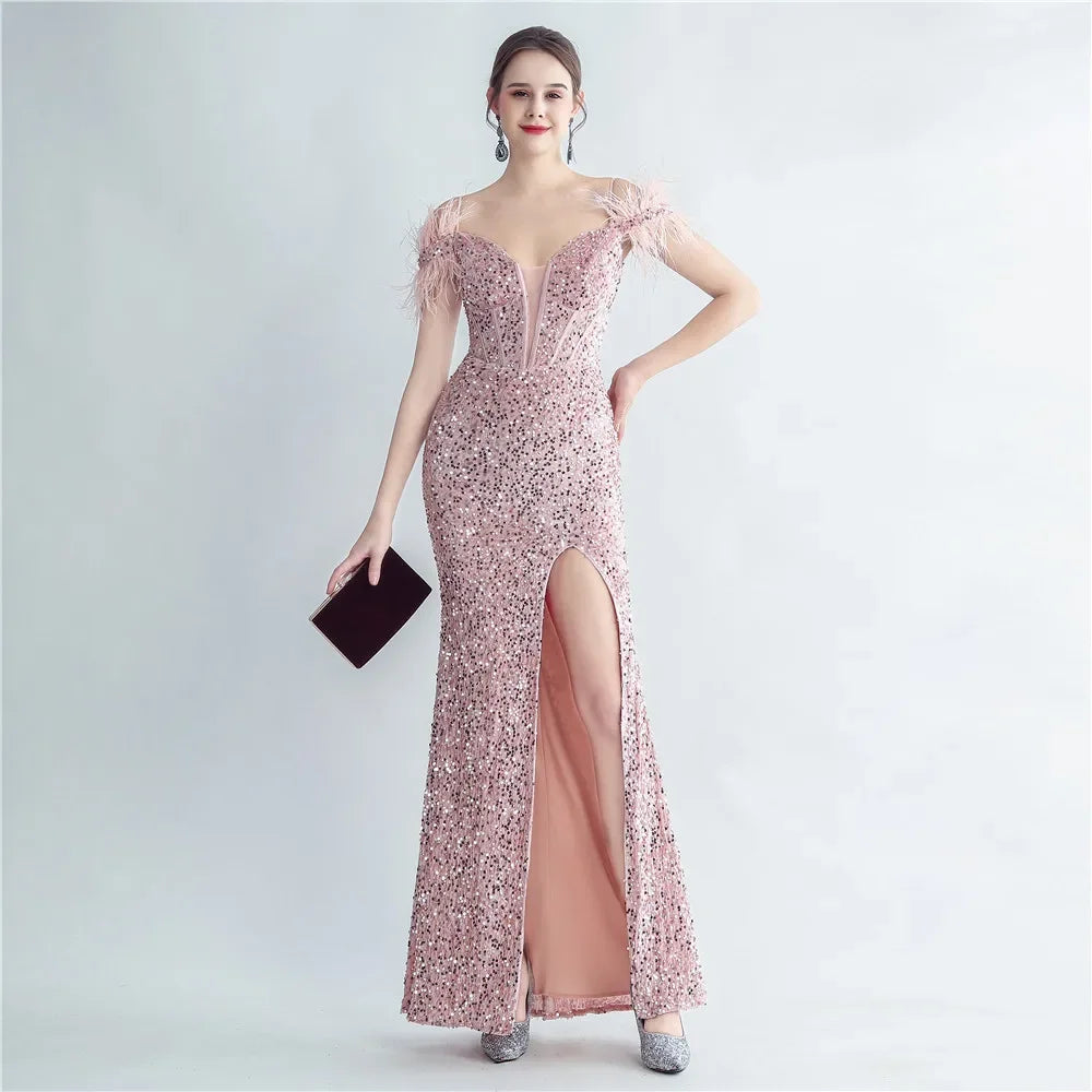 Zay Women's Elegant Long Dresses with A Bling and Feathers, Split Sequin Glitter, Evening, Wedding Guest, Special Events, High End,