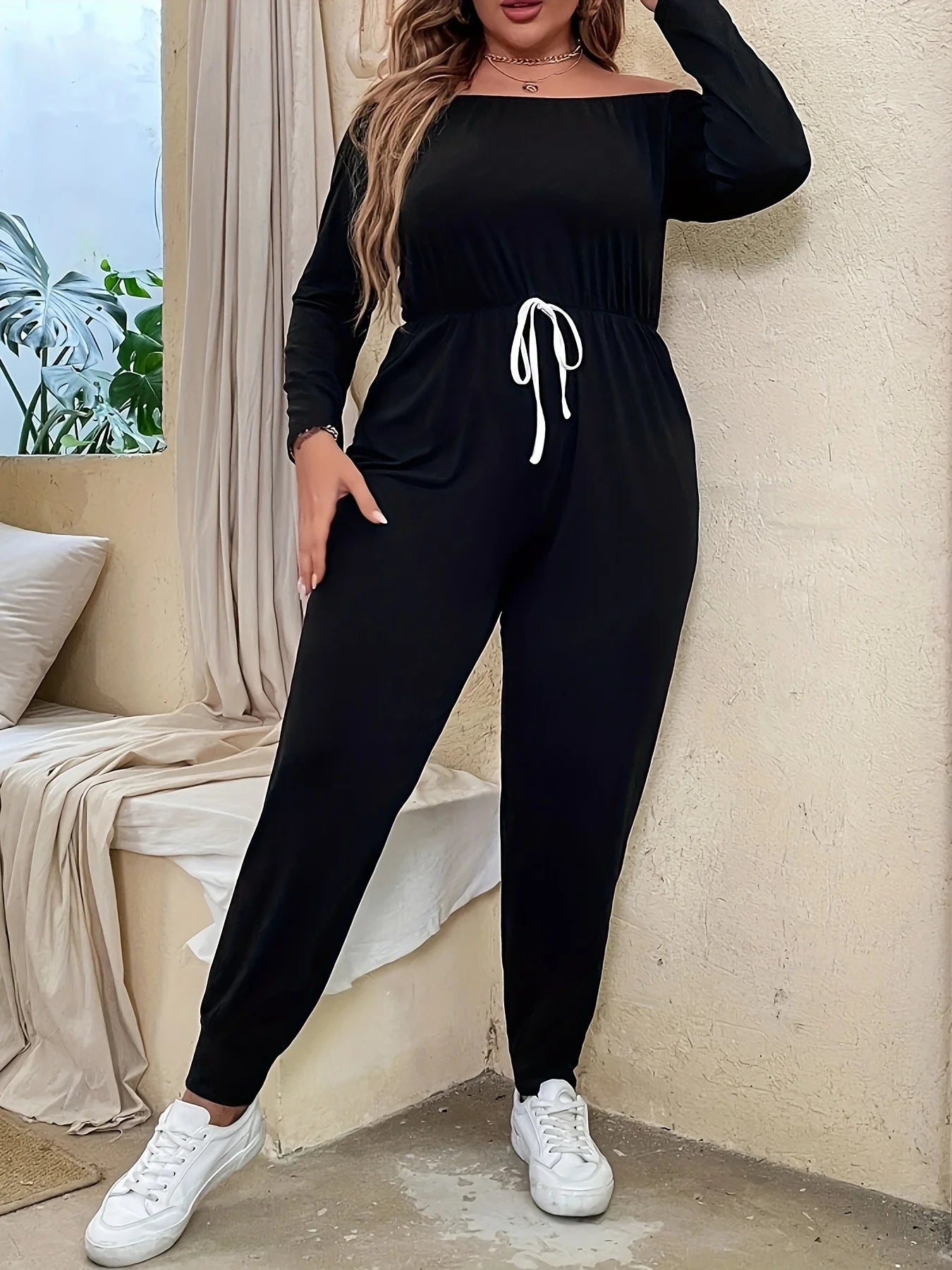 Babs Plus Size Summer Elastic High Waist Jumpsuit Women Off Shoulder Fashion Ladies Jumpsuits Loose Long Sleeve Woman Jumpsuit