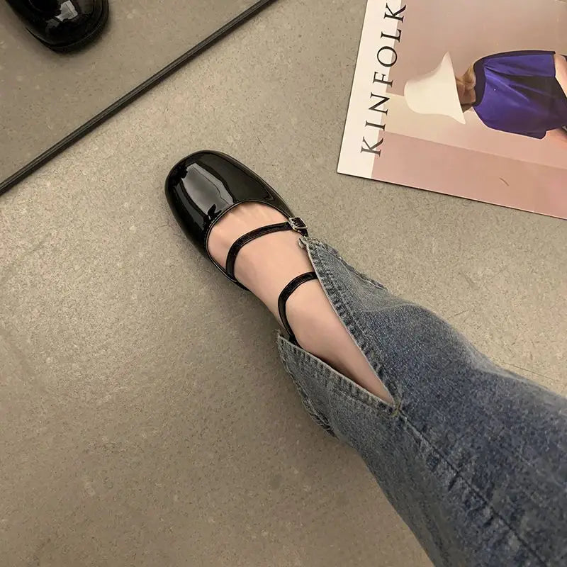 Maxy Shoes Buckle Pumps Women Thick Heels Elegant Shallow Square Toe Footwear Party Office Lady Leather Loafers Shoes