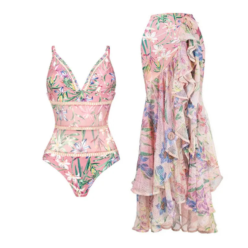 Maxy Women Swimwear Summer Floral Printed V-neck Swimsuit One-piece Bodysuit Bikini Set Beach Style Wear Maxy Dress Skirt Vacation