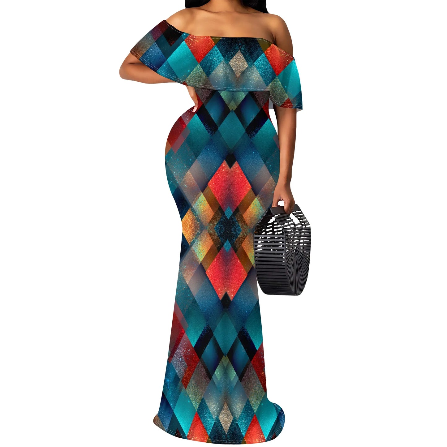 Maxy Sparkle Diamond Print Maxy Dress S-3XL Off Shoulder Bodycon Mermaid Style for New Year’s Eve, Holiday Dinner or Glam Party Look