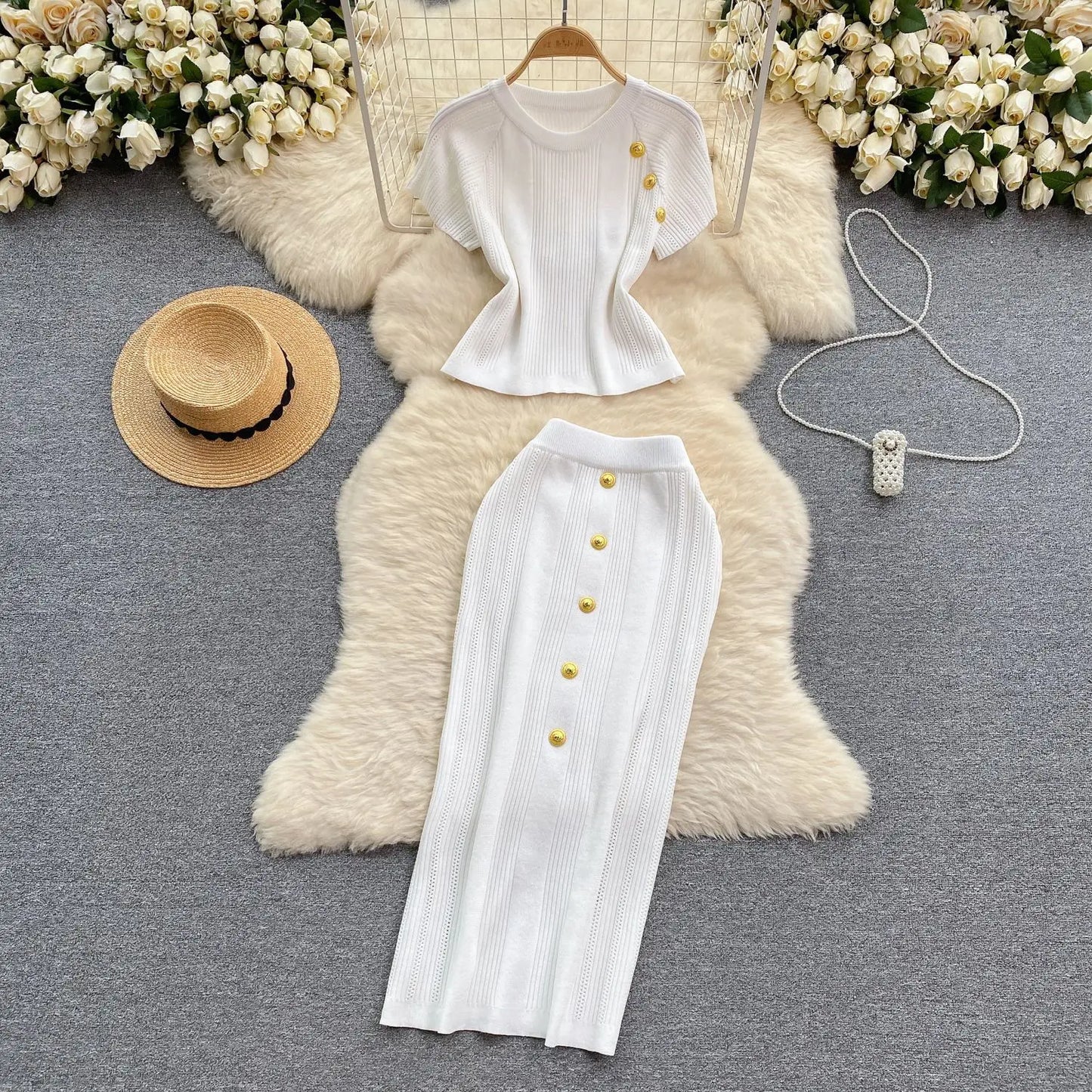 Maxy Skirt Set Women Two Piece Sets Dress Sets Short Sleeve Knitted Tops High Waist Long Skirts Elegant Splice Y2k Streetwear Work