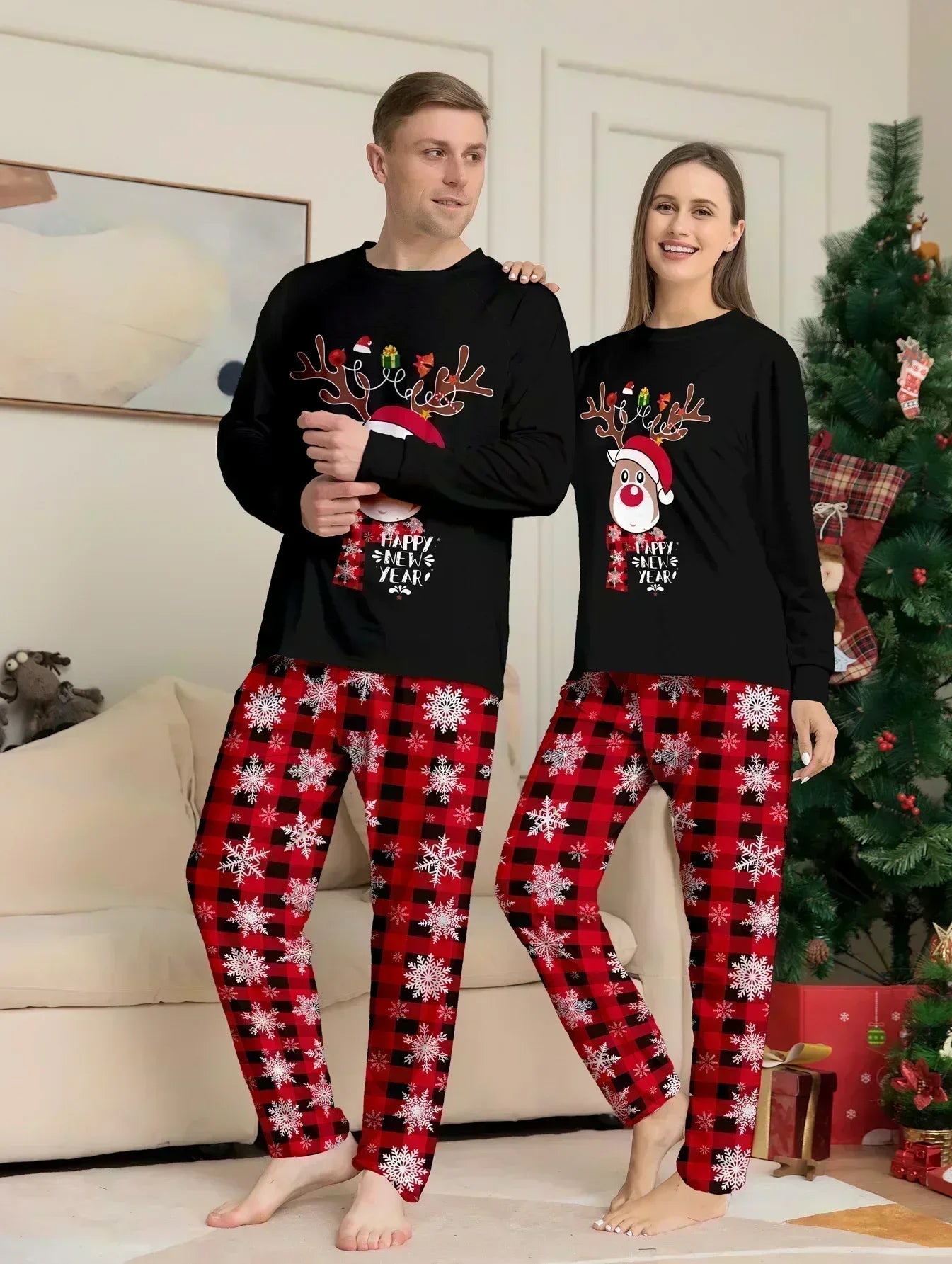New Year's Costumes 2024 Cartoon Elk Print Christmas Parent-child Matching Pajamas Set Boys Girls Sleepwear Xmas Family Look Pjs