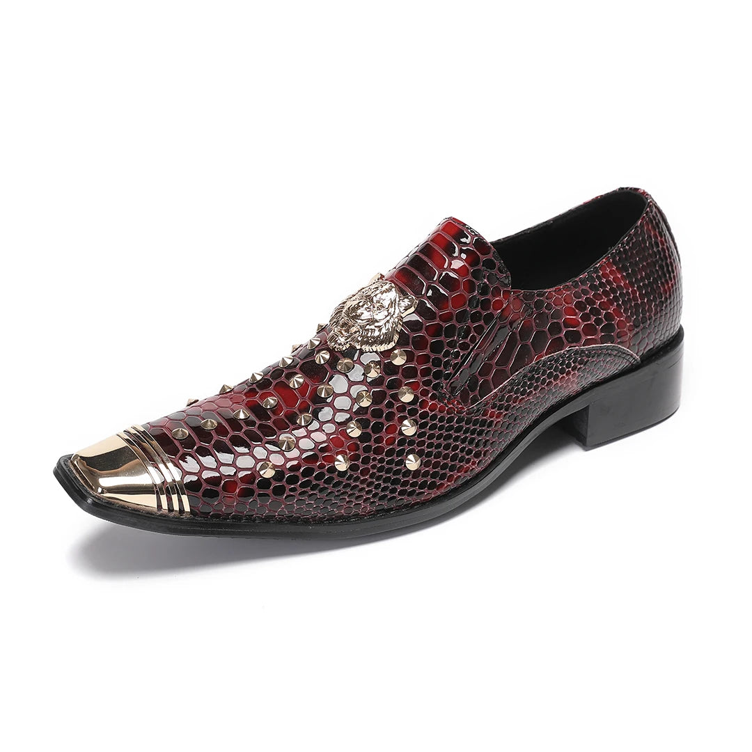 Amay Italian Metal Pointed Toe Male Dress Shoes Man Rivets Night Club Party Formal Shoes Slip on Oxfords Business Men Brogue Shoes