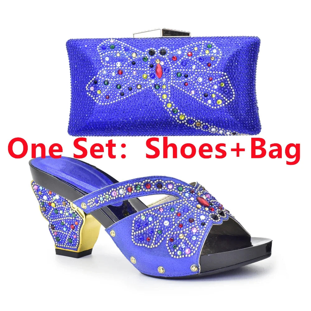 Max New Arrival Green Color Women Shoes and Bag Set In Italy High Quality African Wedding Shoe and Bag Set Decorated with Rhinestone.