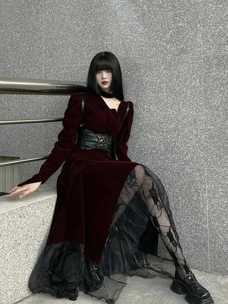 Maxy Women Long Velvet Dress Waist Cincher 2-piece Set Retro Red Cut-out Irregular Hemline Lace Stitch Y2k Goth Party Gown