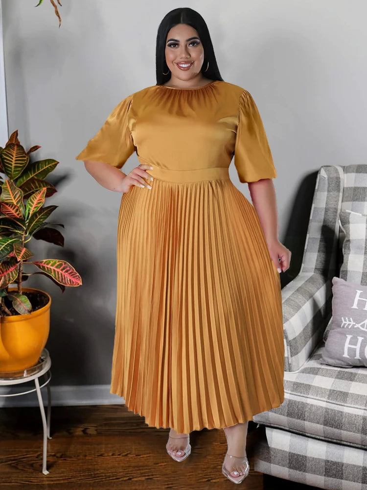 Maxy Pleated Dresses for Women Plus Size 4XL O Neck Short Sleeve A Line Summer Elegant Causal Office Wear Clubwear Plus Size Gowns
