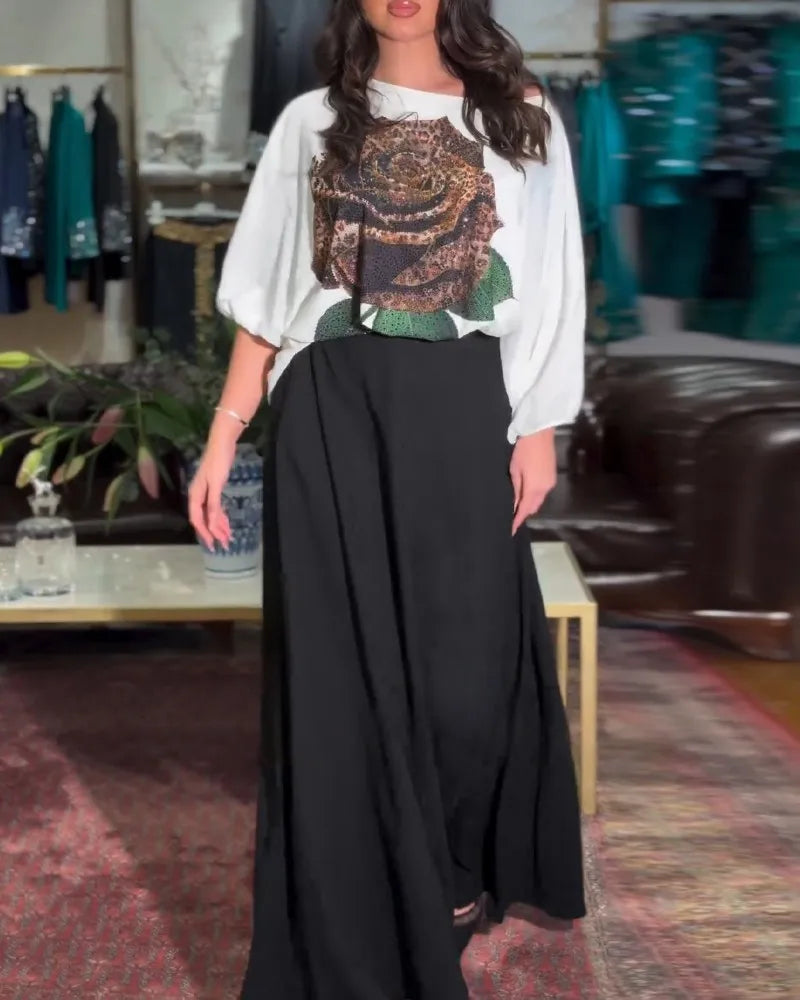 Maxy Casual Long Sleeve T-shirt Dress Set Office Lady Spring Summer Loose Print Tops Solid Skirt Two Piece Set Women Outfit