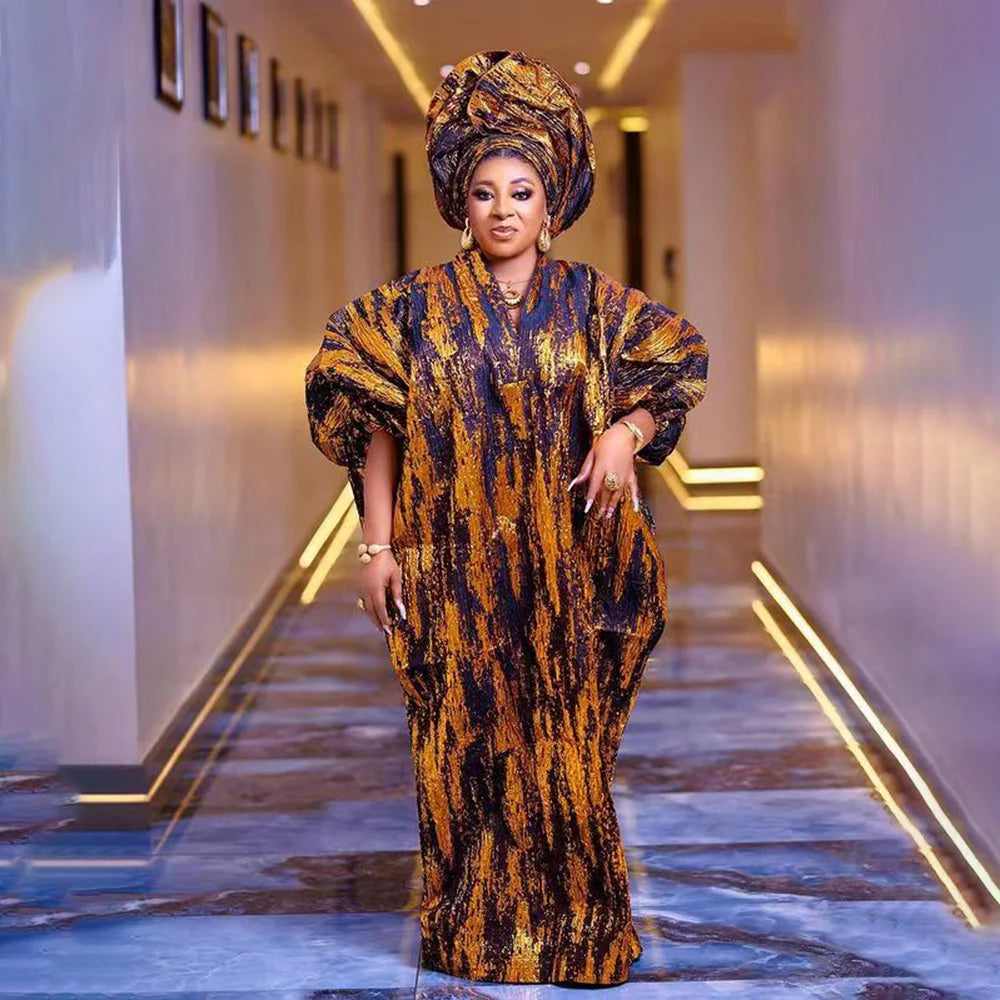 Maxy African American mother expensive custom hot gold jacquard fabric loose dress