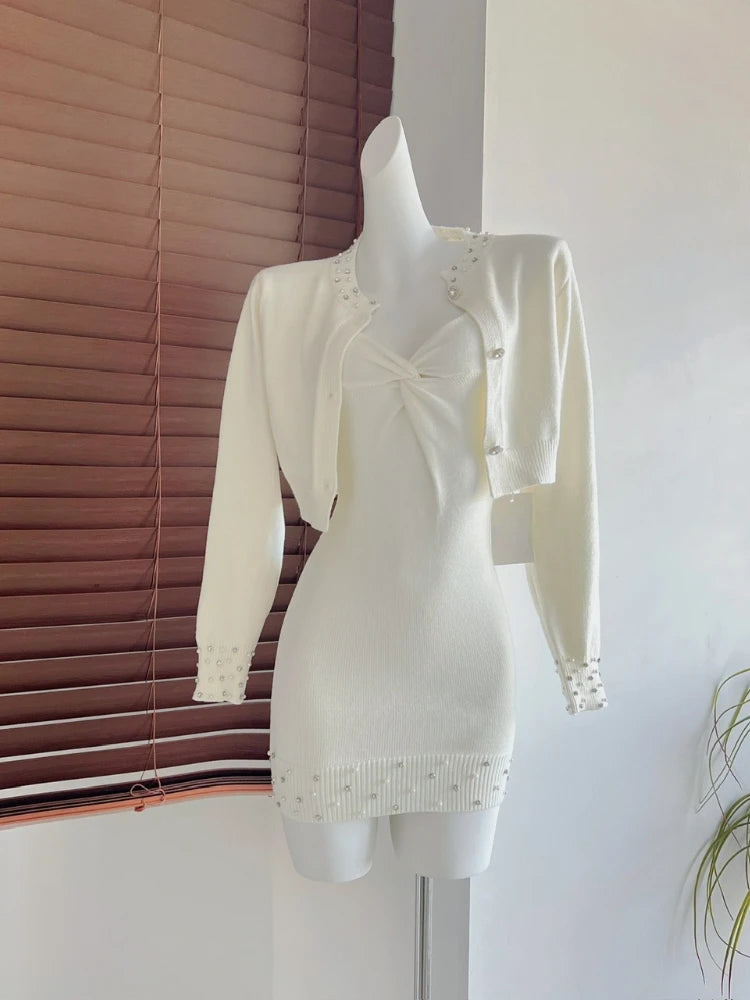 Maxy Autumn French Elegant Dress 2 Piece Set Women Party Slim Mini Dress + Office Lady Casual Outwaer Cardigan Korean Fashion